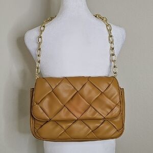 Jules Kae Woven Charlie Bag Vegan Leather Mustard Brown, Gold Chain